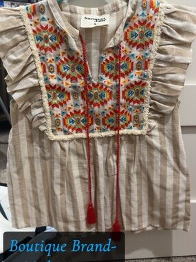 Savanna Jane Cream & Red Embroidered Tassel Peasant Top